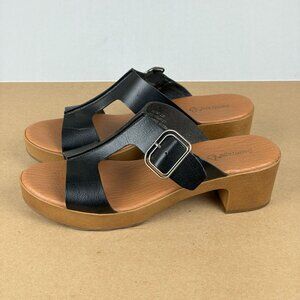 BareTraps Gwenney Faux Leather Block Heel Sandals Womens 8.5 Black Tan Buckle